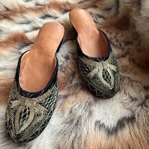 Vintage Syrian Velvet Gold Embroidered Mules